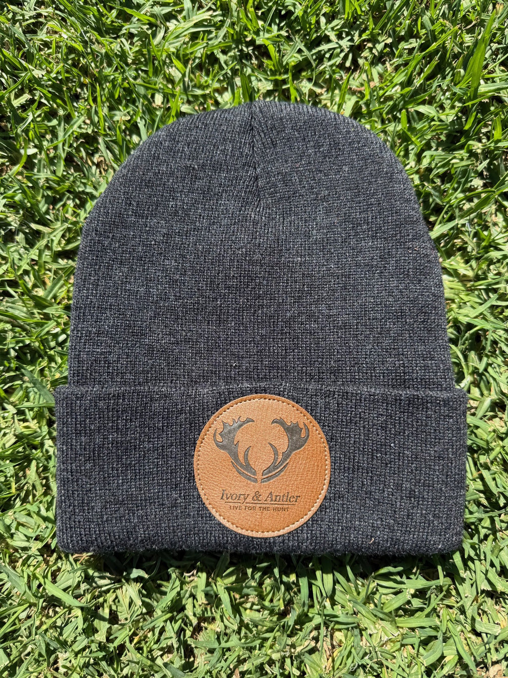 Leather Patch Beanie - Grey
