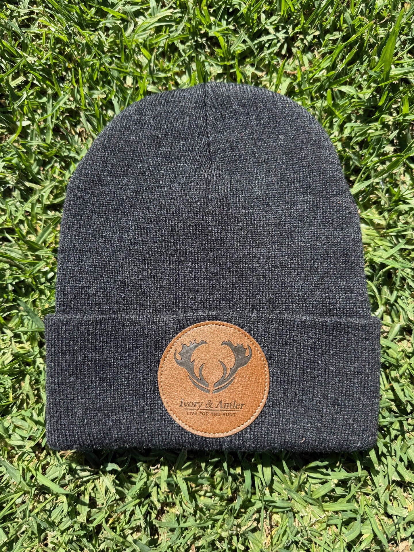 Leather Patch Beanie - Grey